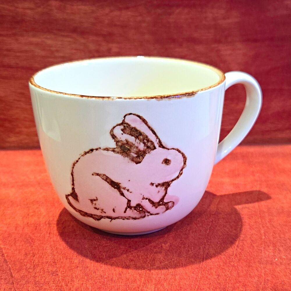 White Ceramic Rabbit Easter Coffee Mug Brown Rim, Decorated,  10 oz
